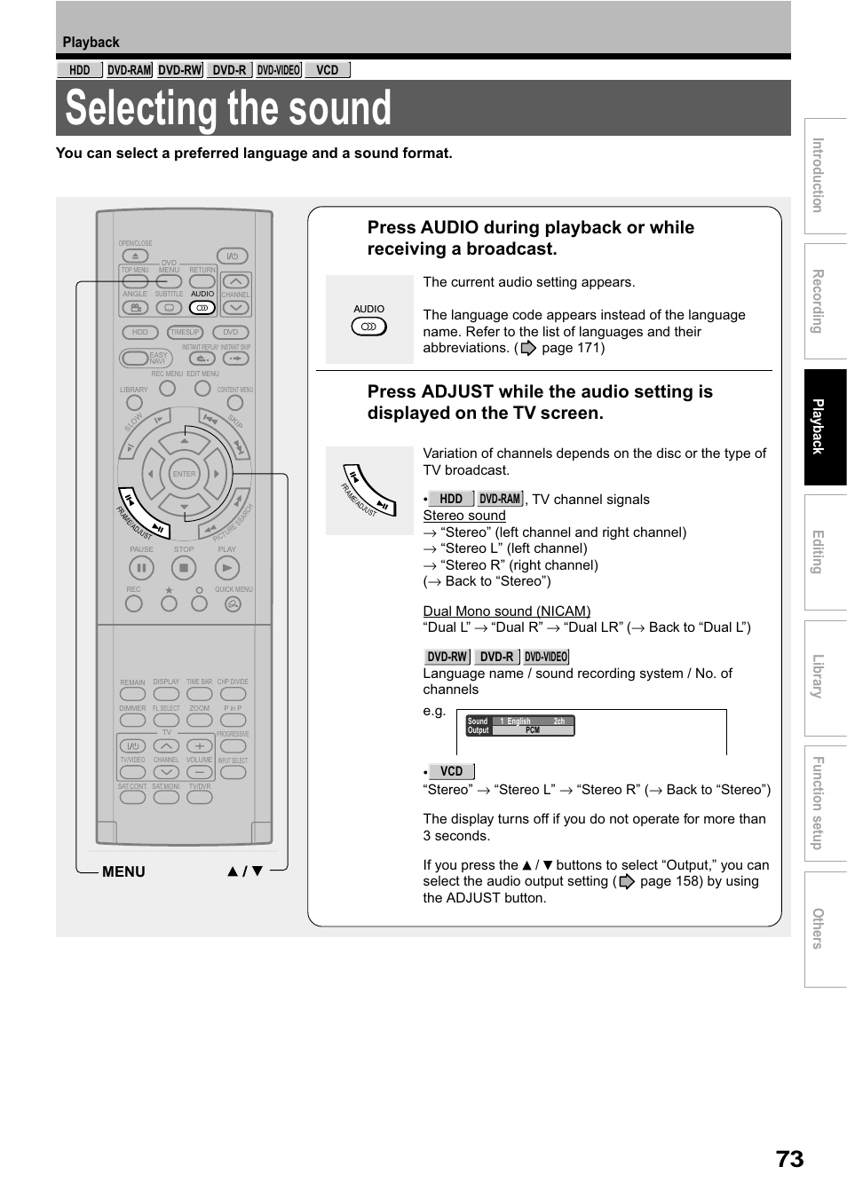 Selecting the sound | Toshiba RD-XS32SB User Manual | Page 137 / 239