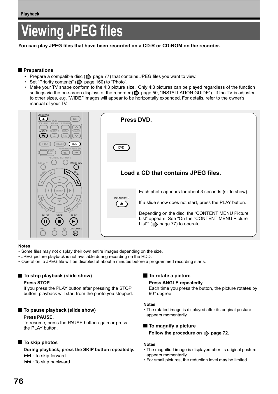 Viewing jpeg files, Press dvd, Load a cd that contains jpeg files | Toshiba RD-XS32SB User Manual | Page 140 / 239