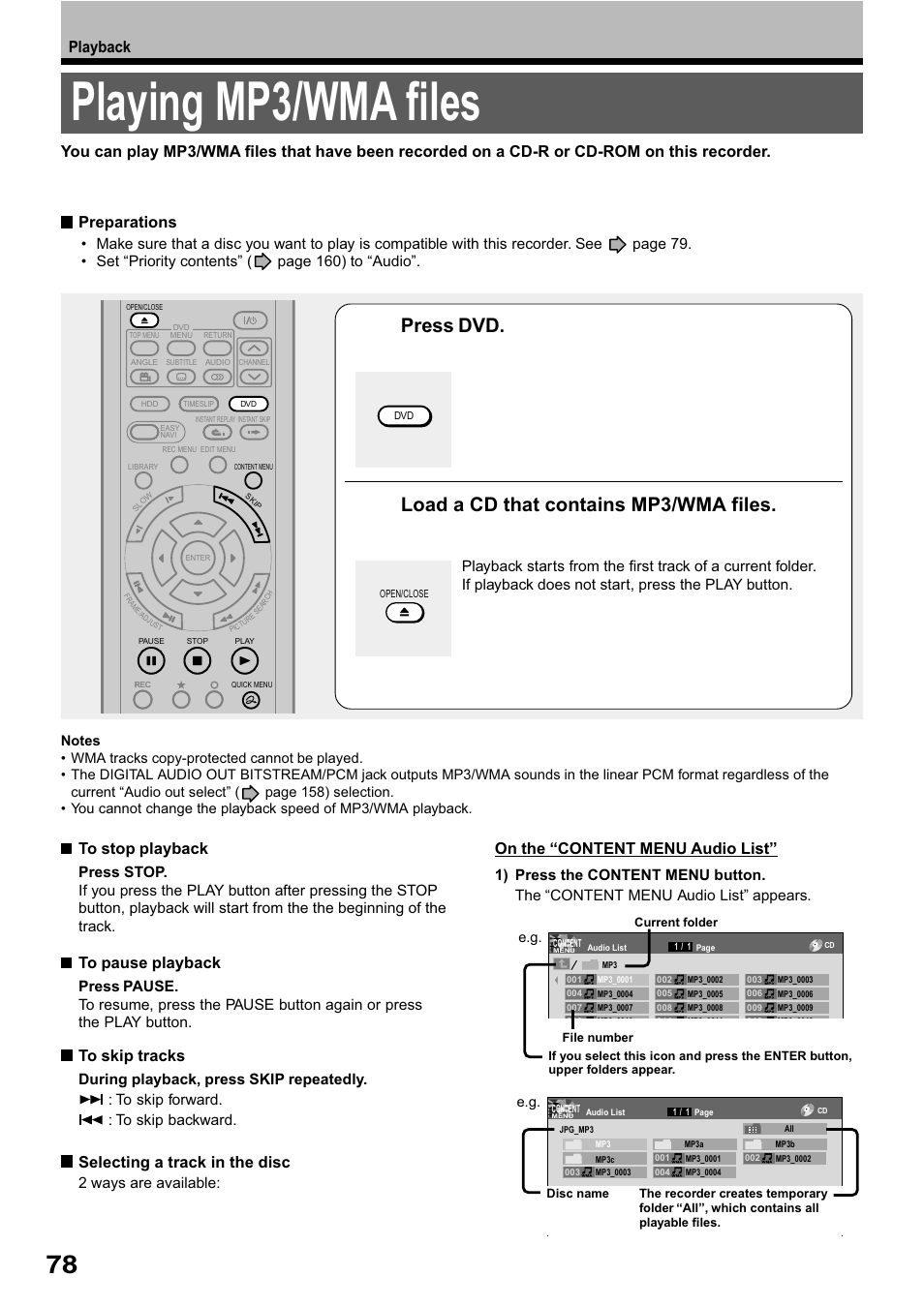 Playing mp3/wma files, Press dvd, Load a cd that contains mp3/wma files | Selecting a track in the disc, On the “content menu audio list | Toshiba RD-XS32SB User Manual | Page 142 / 239