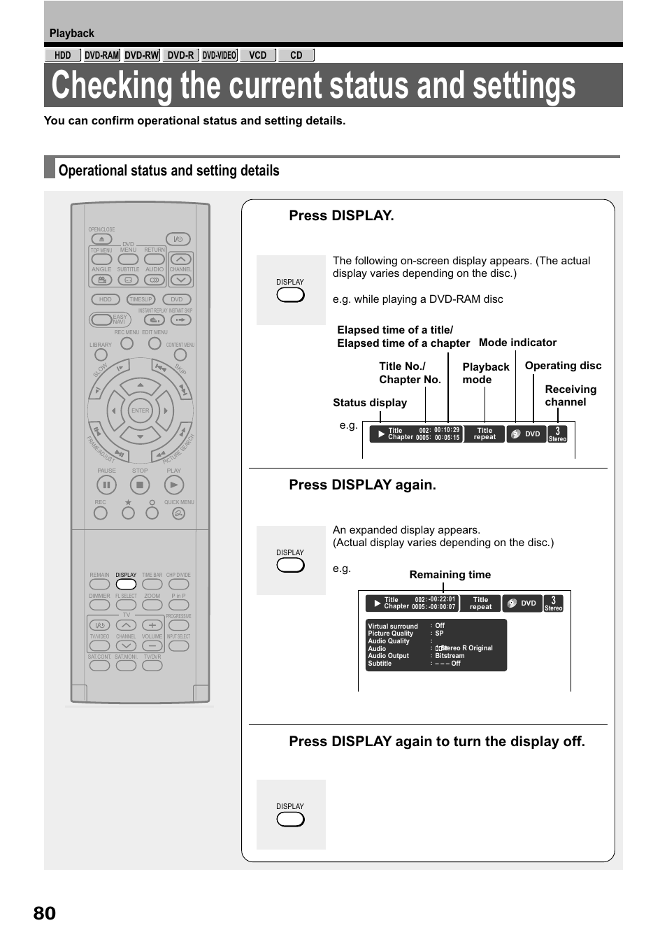 Checking the current status and settings, Operational status and setting details, Press display | Press display again, Press display again to turn the display off | Toshiba RD-XS32SB User Manual | Page 144 / 239