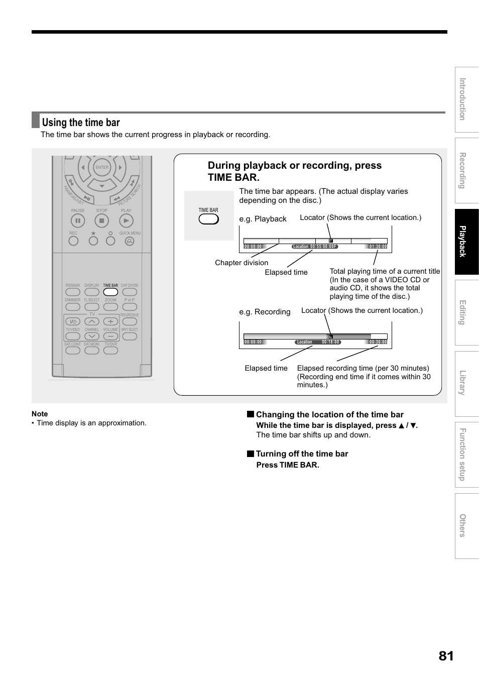 Using the time bar, During playback or recording, press time bar, Changing the location of the time bar | Turning off the time bar | Toshiba RD-XS32SB User Manual | Page 145 / 239