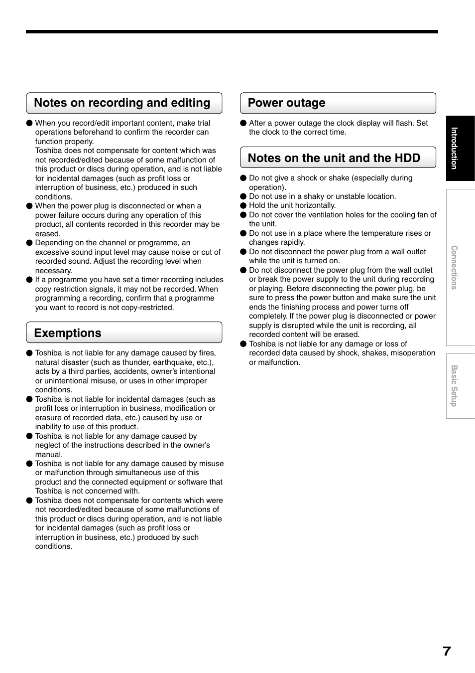 Exemptions, Power outage | Toshiba RD-XS32SB User Manual | Page 15 / 239