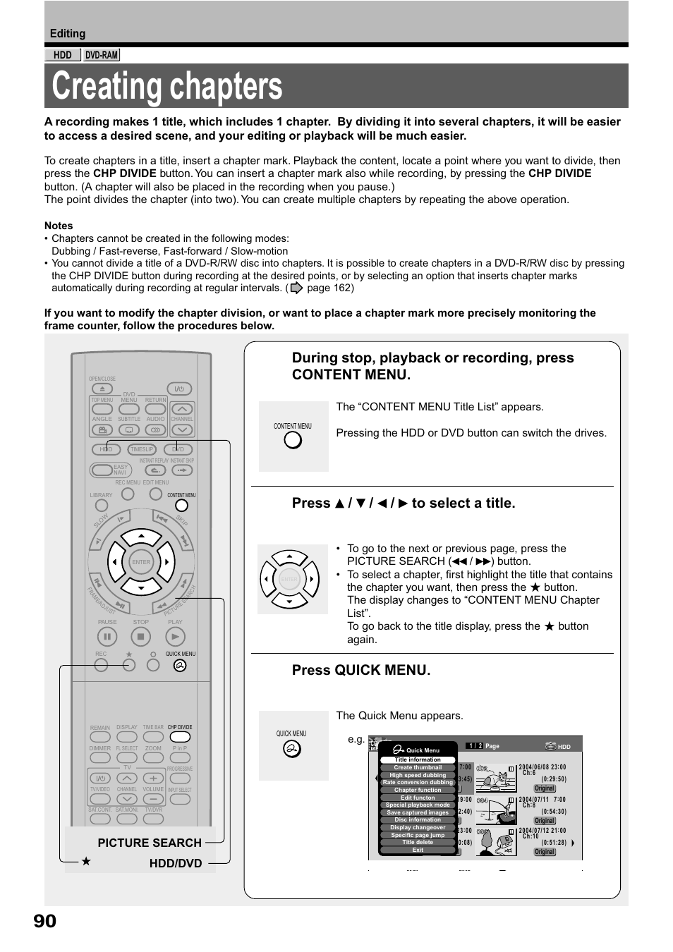 Creating chapters, Press / / / to select a title, Press quick menu | Editing, Picture search hdd/dvd | Toshiba RD-XS32SB User Manual | Page 154 / 239