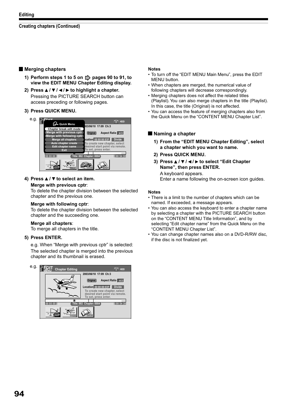 Merging chapters, Naming a chapter, Creating chapters (continued) editing | Toshiba RD-XS32SB User Manual | Page 158 / 239