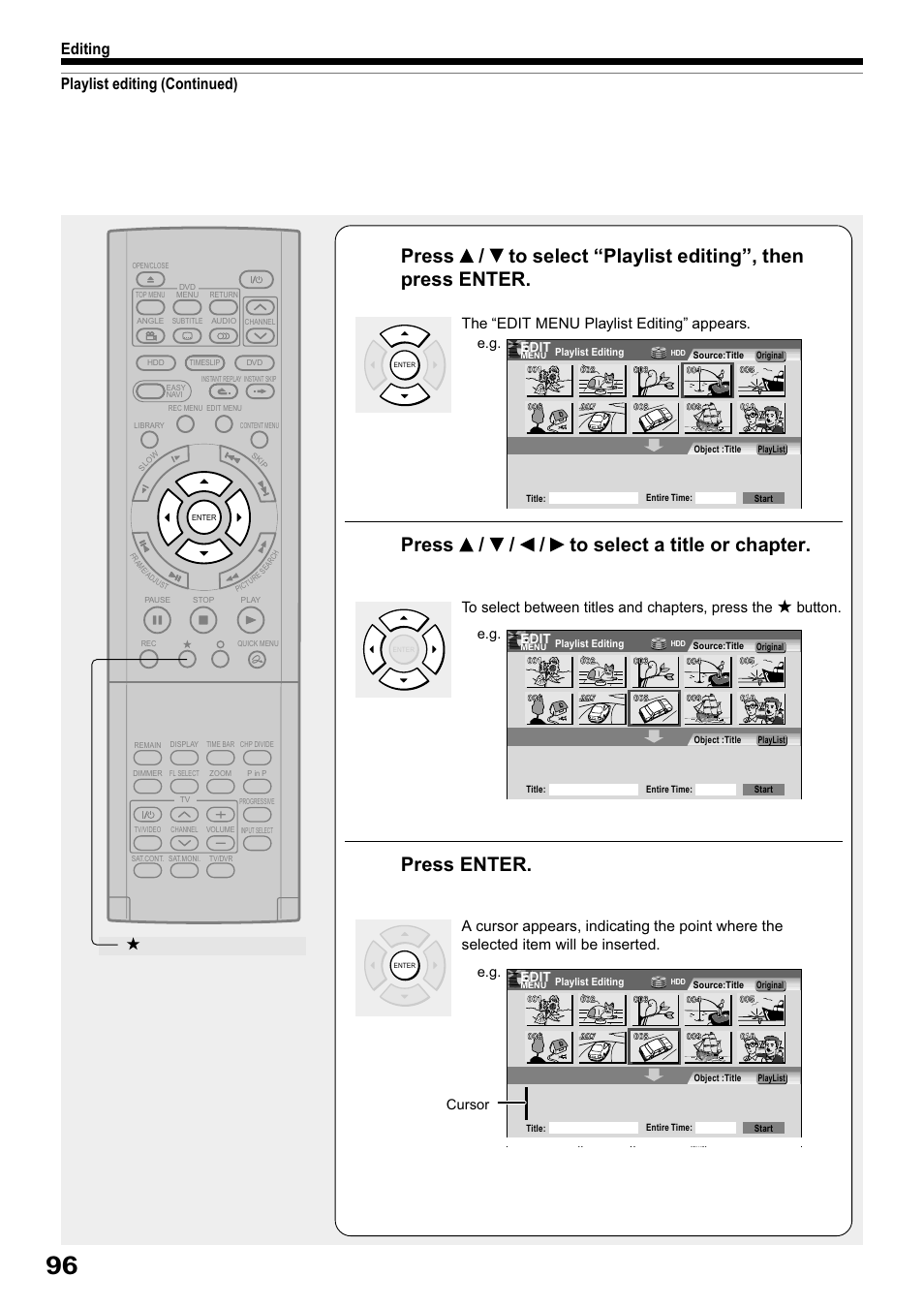 Press / / / to select a title or chapter, Press enter, Playlist editing (continued) editing | The “edit menu playlist editing” appears | Toshiba RD-XS32SB User Manual | Page 160 / 239