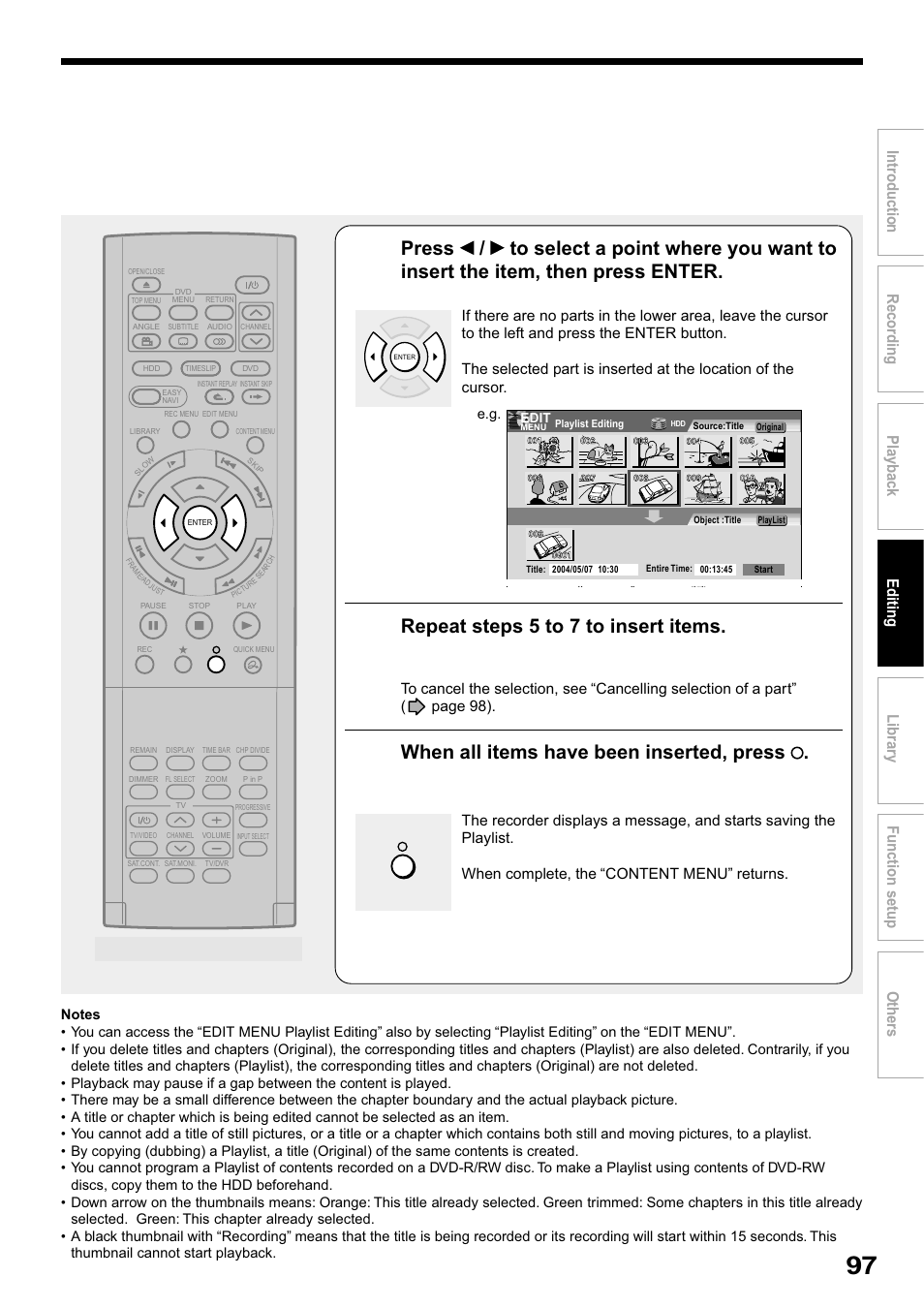 Repeat steps 5 to 7 to insert items, When all items have been inserted, press | Toshiba RD-XS32SB User Manual | Page 161 / 239