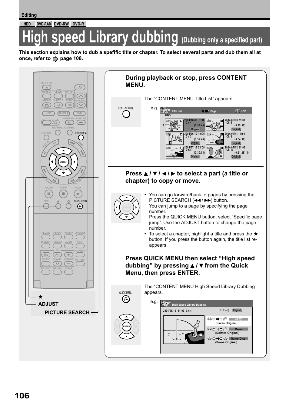 High speed library dubbing, Dubbing only a specified part), During playback or stop, press content menu | Editing, Picture search adjust | Toshiba RD-XS32SB User Manual | Page 170 / 239