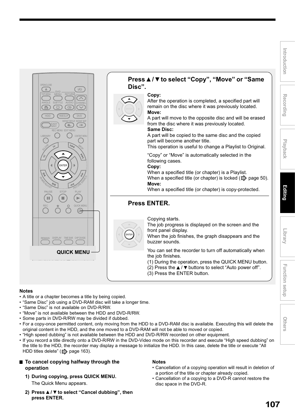 Press / to select “copy”, “move” or “same disc, Press enter, Quick menu | Toshiba RD-XS32SB User Manual | Page 171 / 239