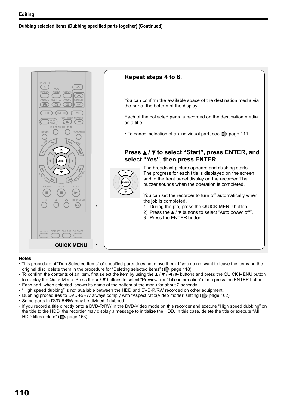 Repeat steps 4 to 6, Quick menu, Editing | Toshiba RD-XS32SB User Manual | Page 174 / 239