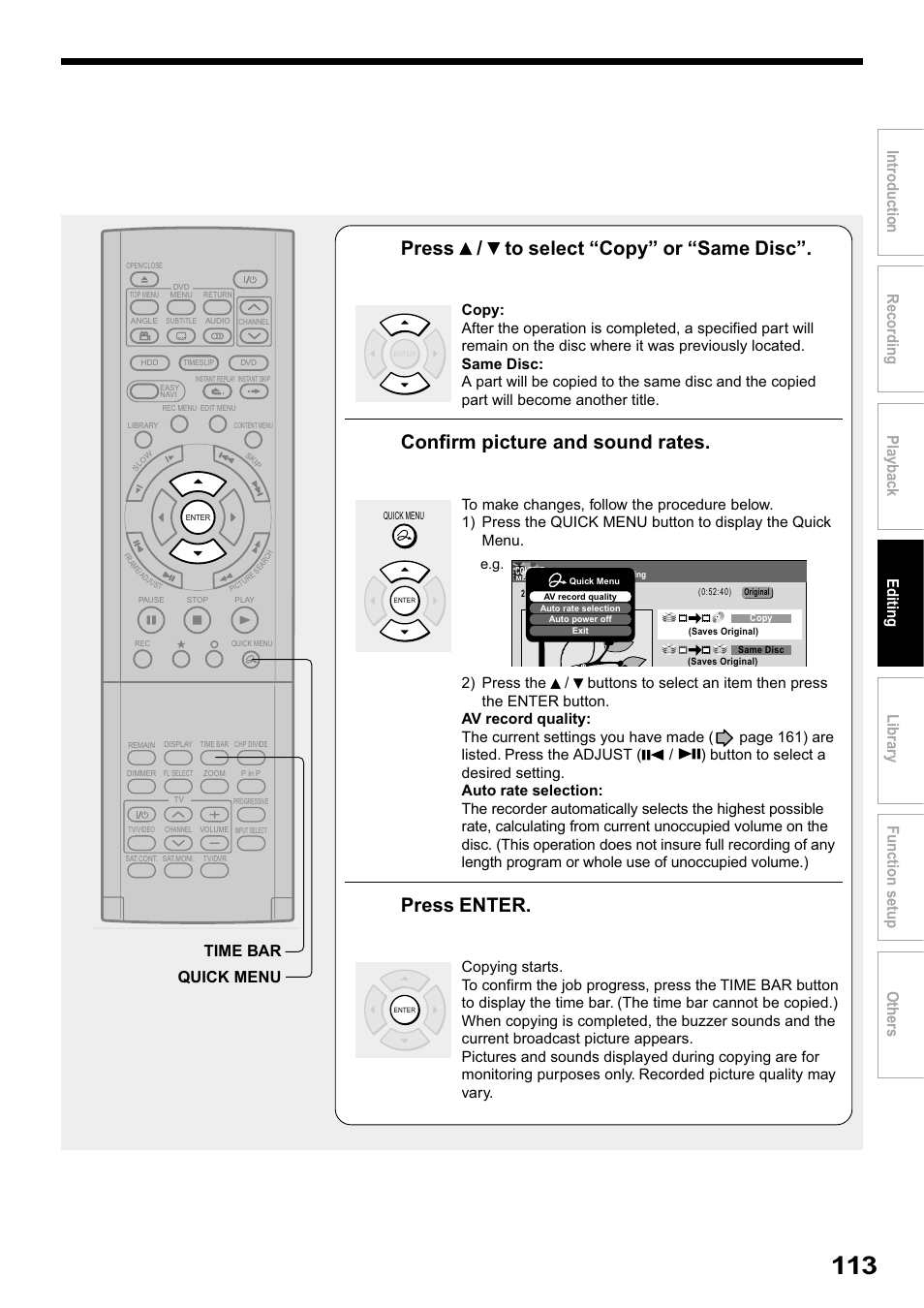 Press / to select “copy” or “same disc, Confirm picture and sound rates, Press enter | Quick menu time bar | Toshiba RD-XS32SB User Manual | Page 177 / 239