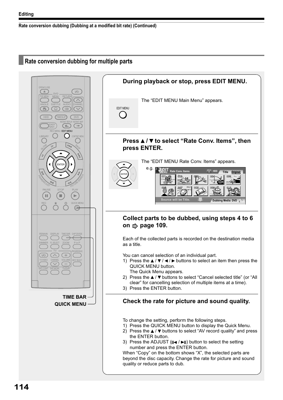 Rate conversion dubbing for multiple parts, During playback or stop, press edit menu, Check the rate for picture and sound quality | Toshiba RD-XS32SB User Manual | Page 178 / 239