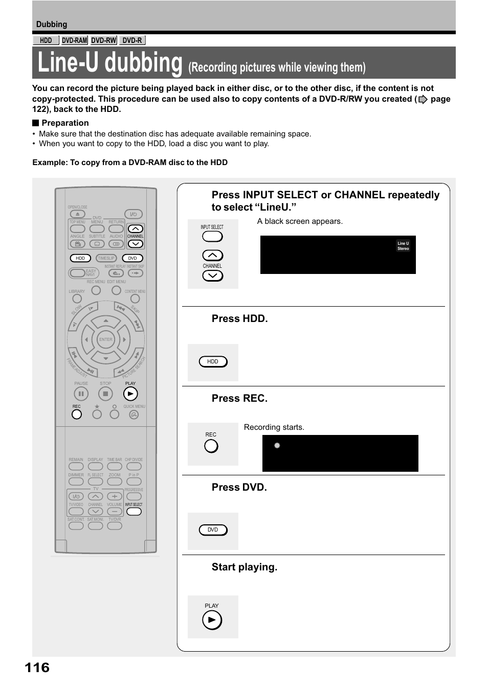 Line-u dubbing, Recording pictures while viewing them), Press hdd | Press rec, Press dvd, Start playing | Toshiba RD-XS32SB User Manual | Page 180 / 239