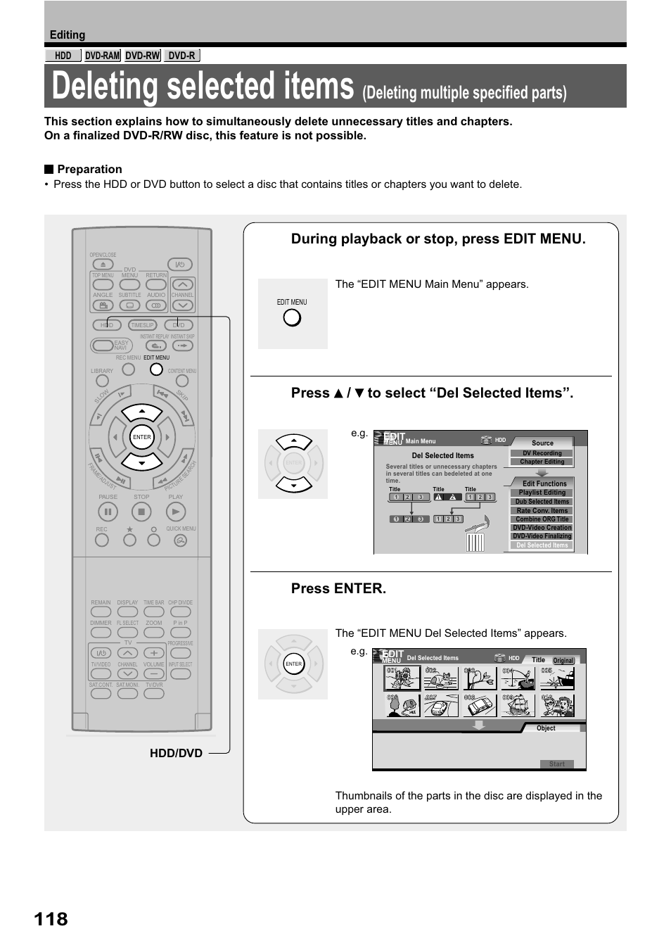 Deleting selected items, Deleting multiple specified parts), During playback or stop, press edit menu | Press / to select “del selected items, Press enter, Editing, Preparation, Hdd/dvd, The “edit menu main menu” appears | Toshiba RD-XS32SB User Manual | Page 182 / 239