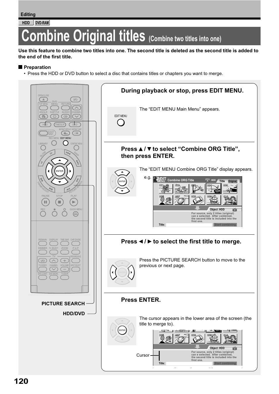 Combine original titles, Combine two titles into one), During playback or stop, press edit menu | Press / to select the first title to merge, Press enter, Editing, Preparation, Hdd/dvd picture search | Toshiba RD-XS32SB User Manual | Page 184 / 239