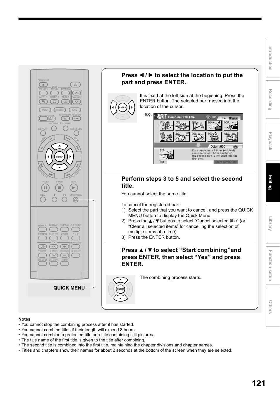 Perform steps 3 to 5 and select the second title, Quick menu | Toshiba RD-XS32SB User Manual | Page 185 / 239