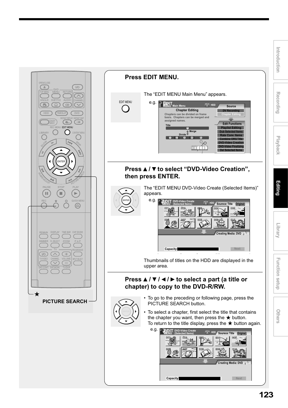 Press edit menu, Picture search, The “edit menu main menu” appears | Toshiba RD-XS32SB User Manual | Page 187 / 239