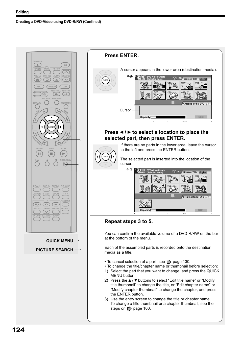 Press enter, Repeat steps 3 to 5, Picture search quick menu | Toshiba RD-XS32SB User Manual | Page 188 / 239