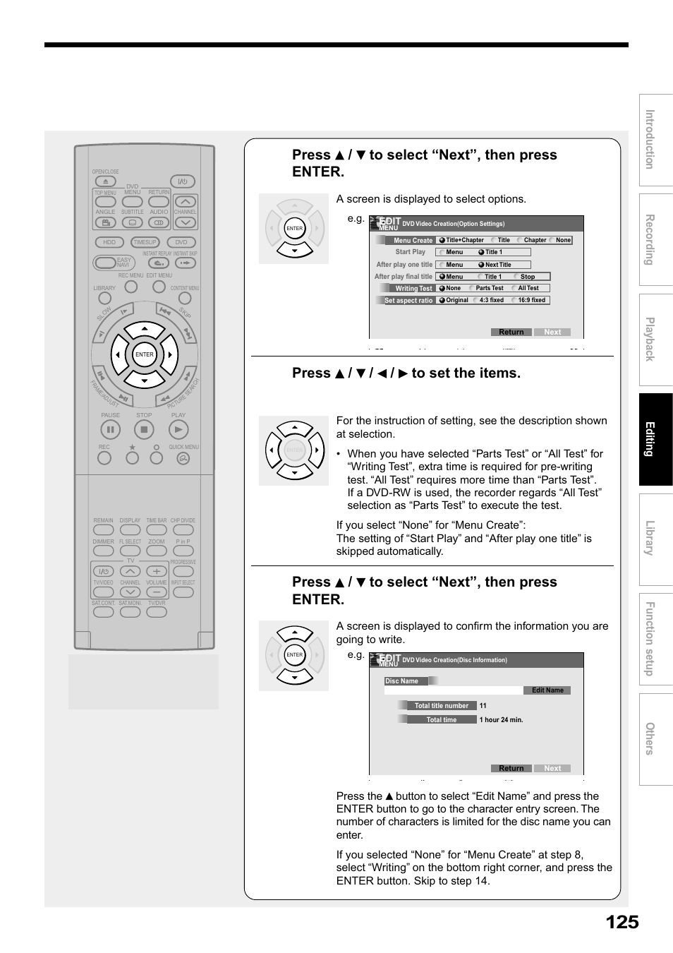 Press / to select “next”, then press enter, Press / / / to set the items, A screen is displayed to select options | Toshiba RD-XS32SB User Manual | Page 189 / 239