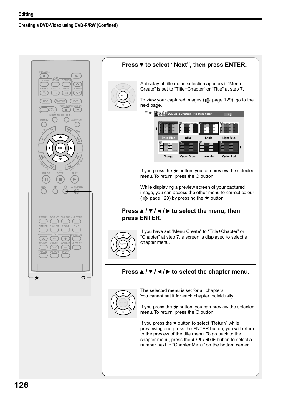 Press to select “next”, then press enter, Press / / / to select the menu, then press enter, Press / / / to select the chapter menu | Edit | Toshiba RD-XS32SB User Manual | Page 190 / 239