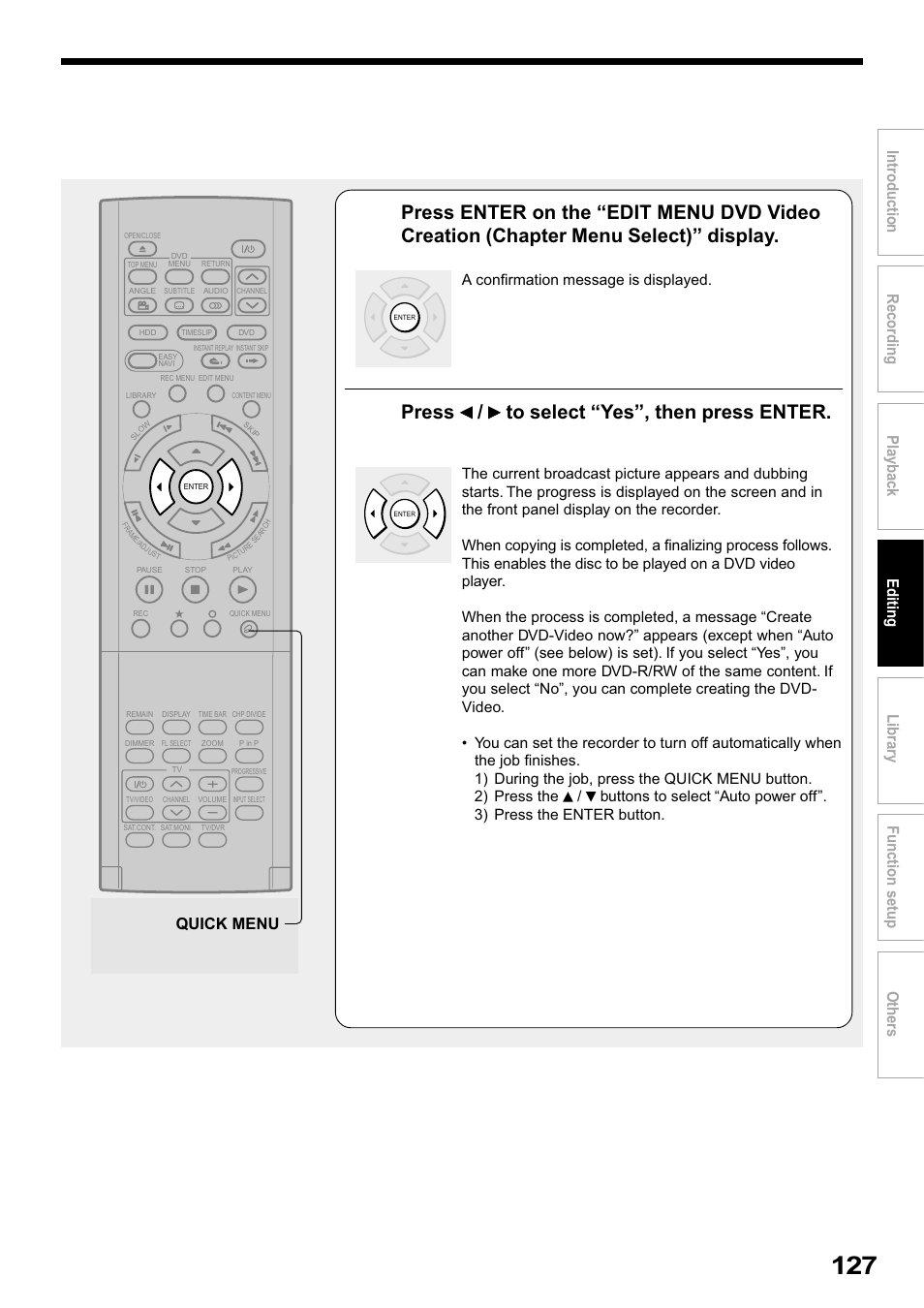 Press / to select “yes”, then press enter, Quick menu | Toshiba RD-XS32SB User Manual | Page 191 / 239