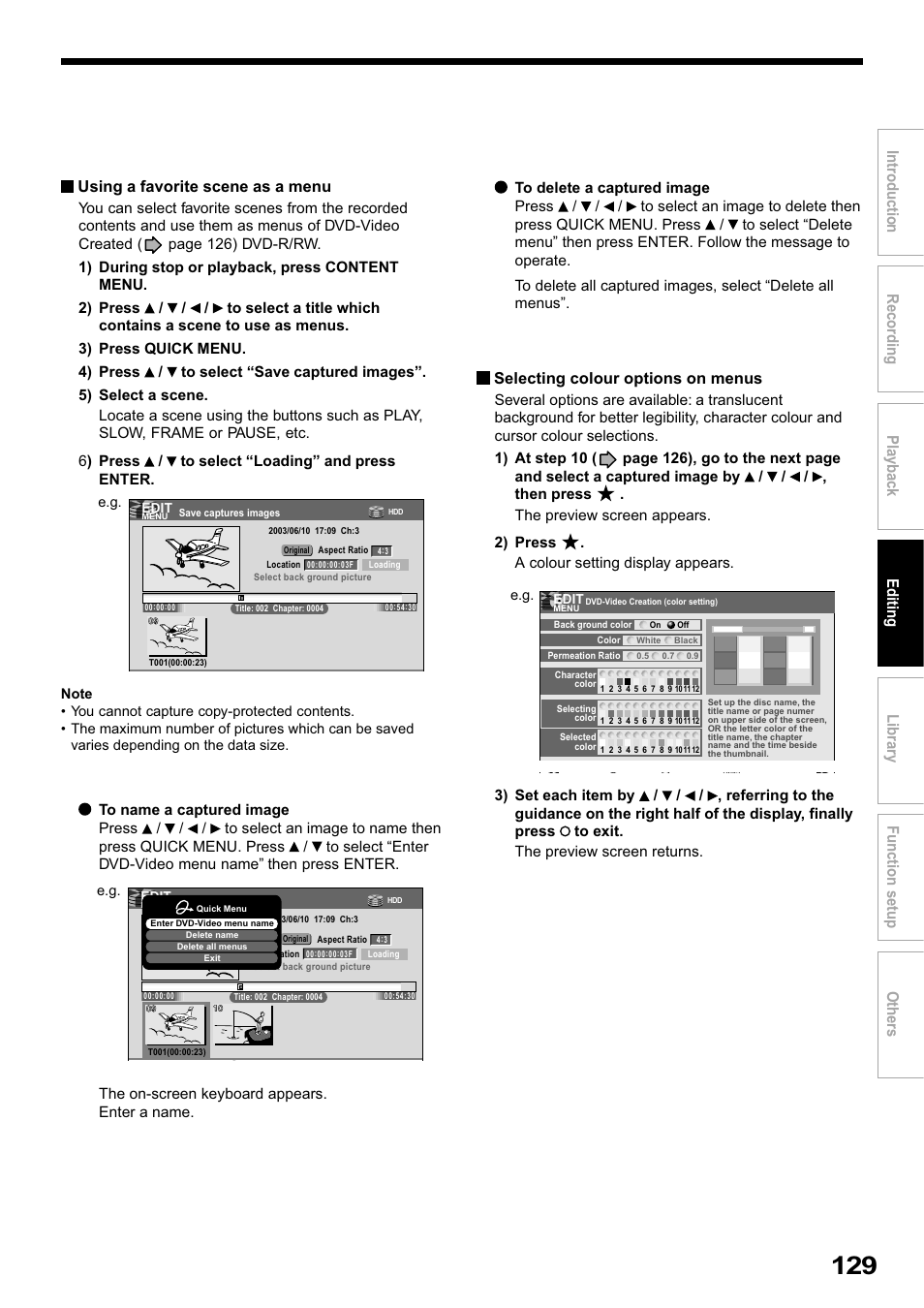 Selecting colour options on menus | Toshiba RD-XS32SB User Manual | Page 193 / 239