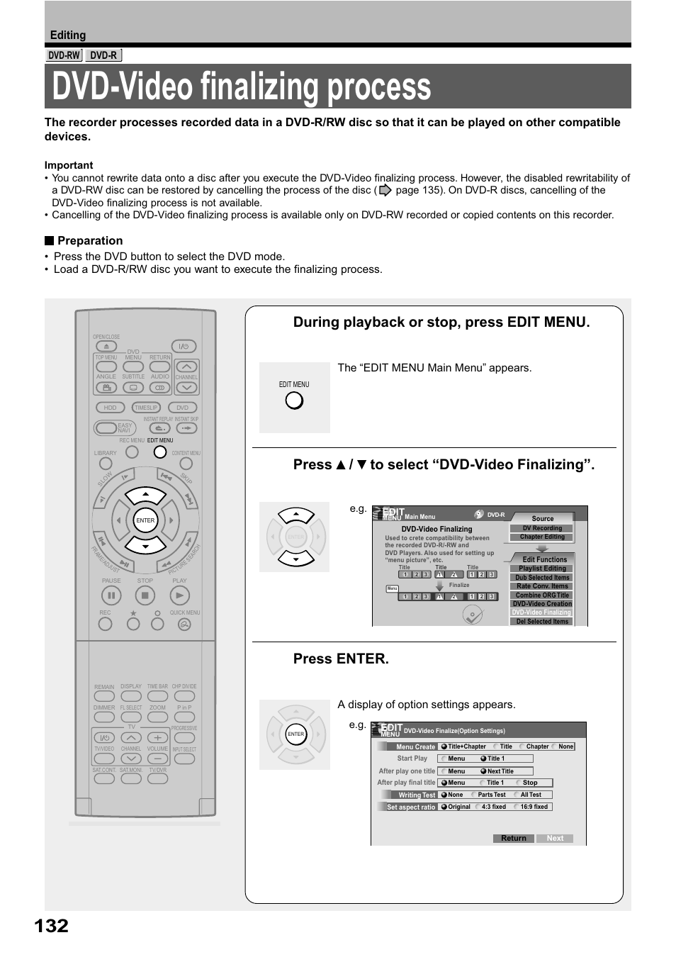 Dvd-video finalizing process, During playback or stop, press edit menu, Press / to select “dvd-video finalizing | Press enter, Preparation, Editing, The “edit menu main menu” appears, A display of option settings appears | Toshiba RD-XS32SB User Manual | Page 196 / 239