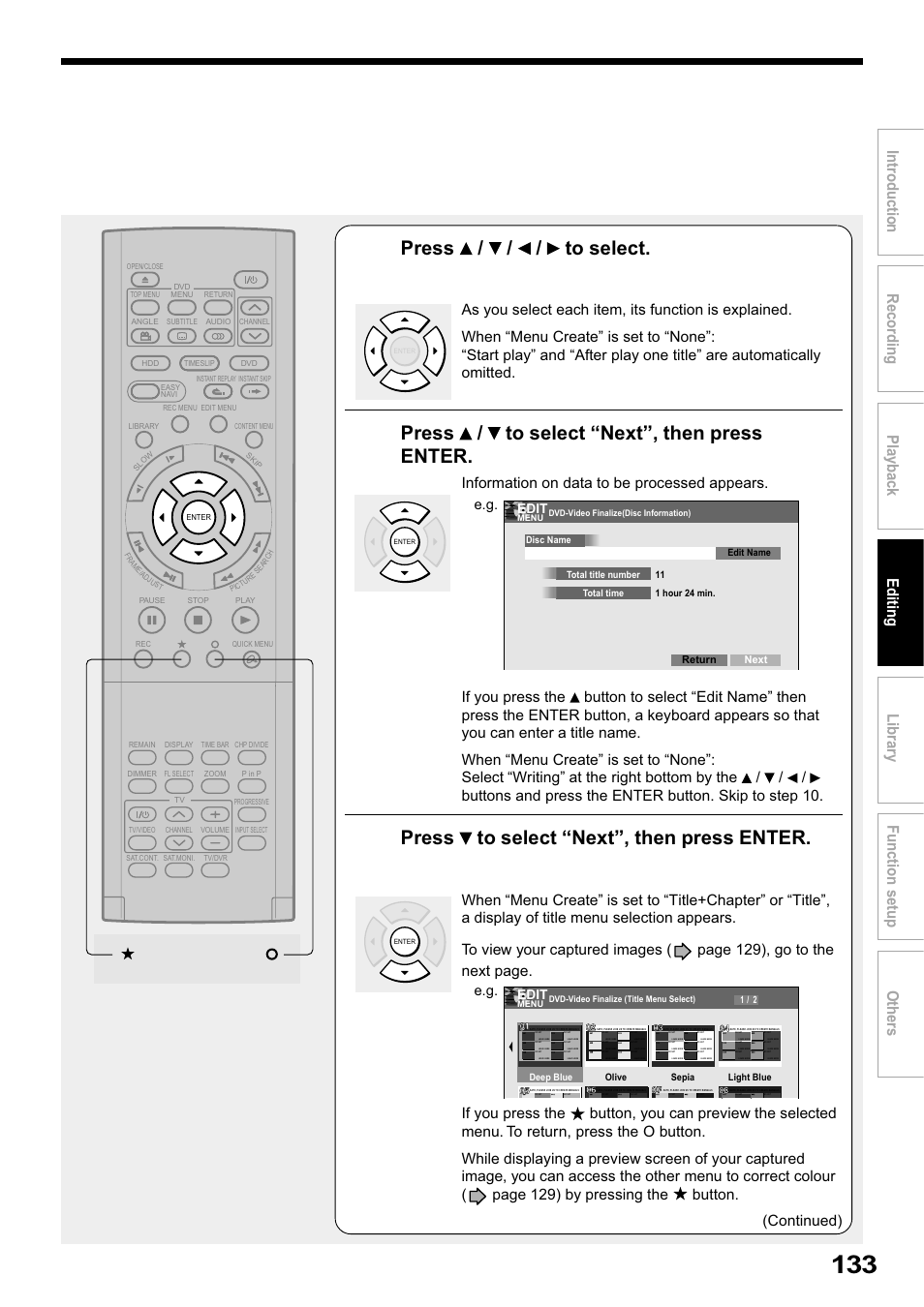 Press / / / to select, Press / to select “next”, then press enter, Press to select “next”, then press enter | Edit | Toshiba RD-XS32SB User Manual | Page 197 / 239