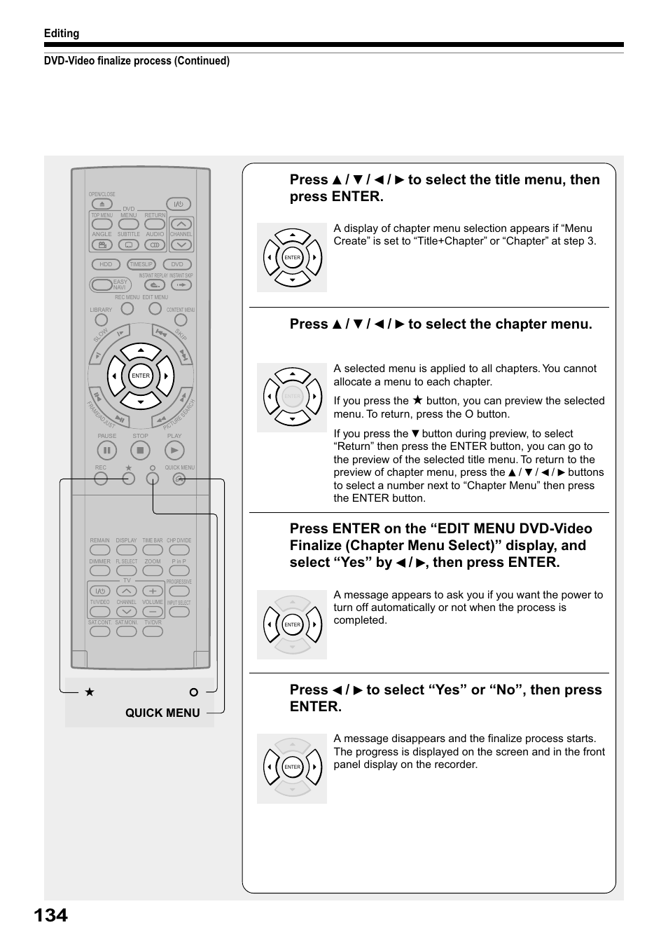 Press / / / to select the chapter menu, Press / to select “yes” or “no”, then press enter | Toshiba RD-XS32SB User Manual | Page 198 / 239