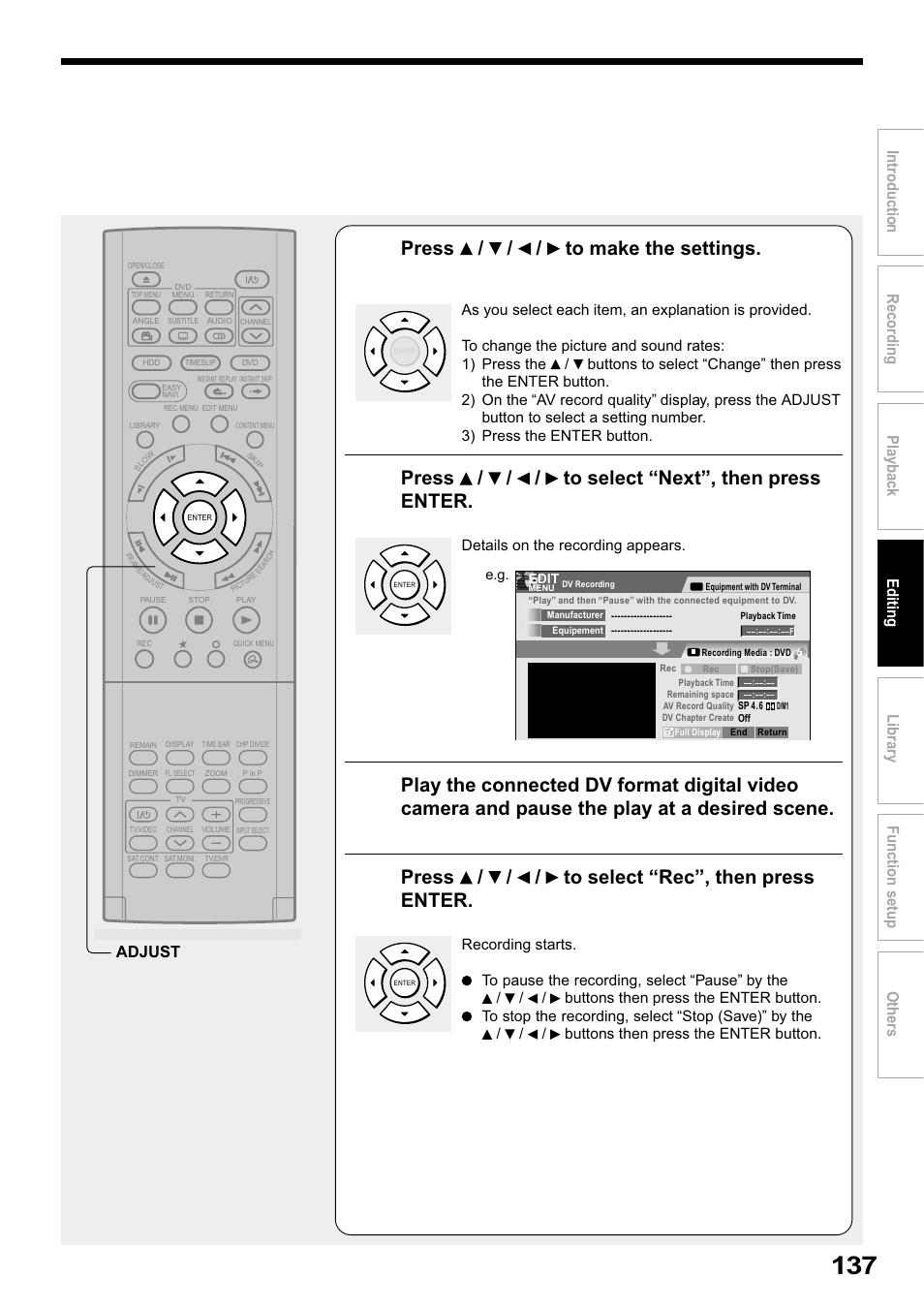 Press / / / to make the settings, Press / / / to select “next”, then press enter, Press / / / to select “rec”, then press enter | Adjust | Toshiba RD-XS32SB User Manual | Page 201 / 239