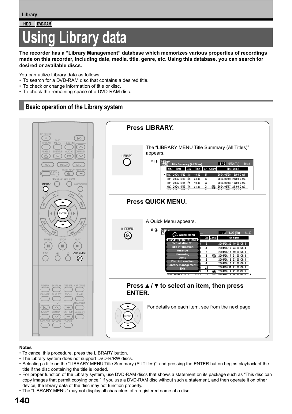 Using library data, Basic operation of the library system, Press library | Press quick menu, Press / to select an item, then press enter, Library, A quick menu appears, For details on each item, see from the next page | Toshiba RD-XS32SB User Manual | Page 204 / 239