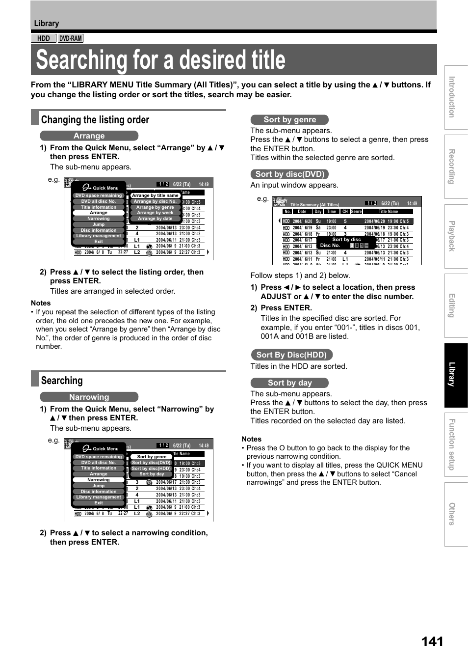 Searching for a desired title, Changing the listing order, Searching | Arrange, Narrowing, Sort by genre, Sort by disc(dvd), Sort by disc(hdd), Sort by day, Titles in the hdd are sorted | Toshiba RD-XS32SB User Manual | Page 205 / 239