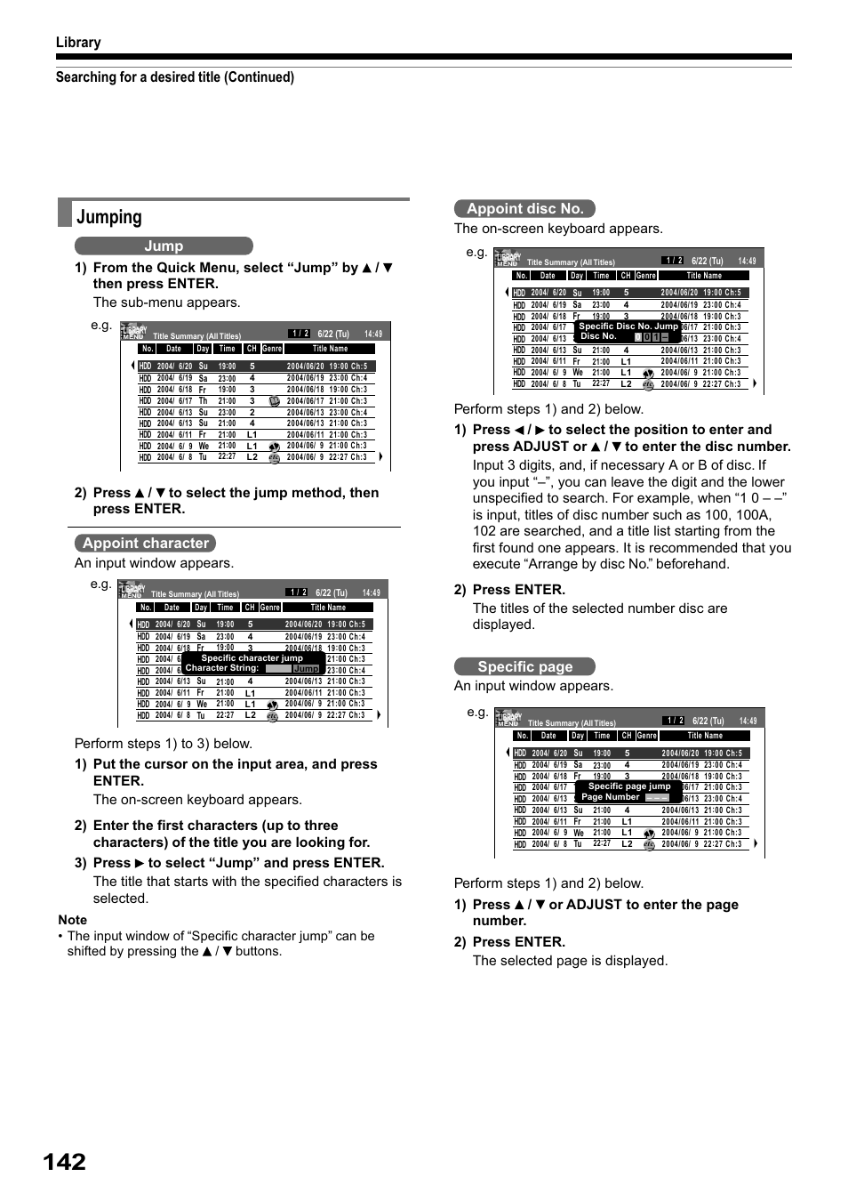 Jumping, Searching for a desired title (continued) library, Jump | Appoint character, Appoint disc no, Specific page | Toshiba RD-XS32SB User Manual | Page 206 / 239