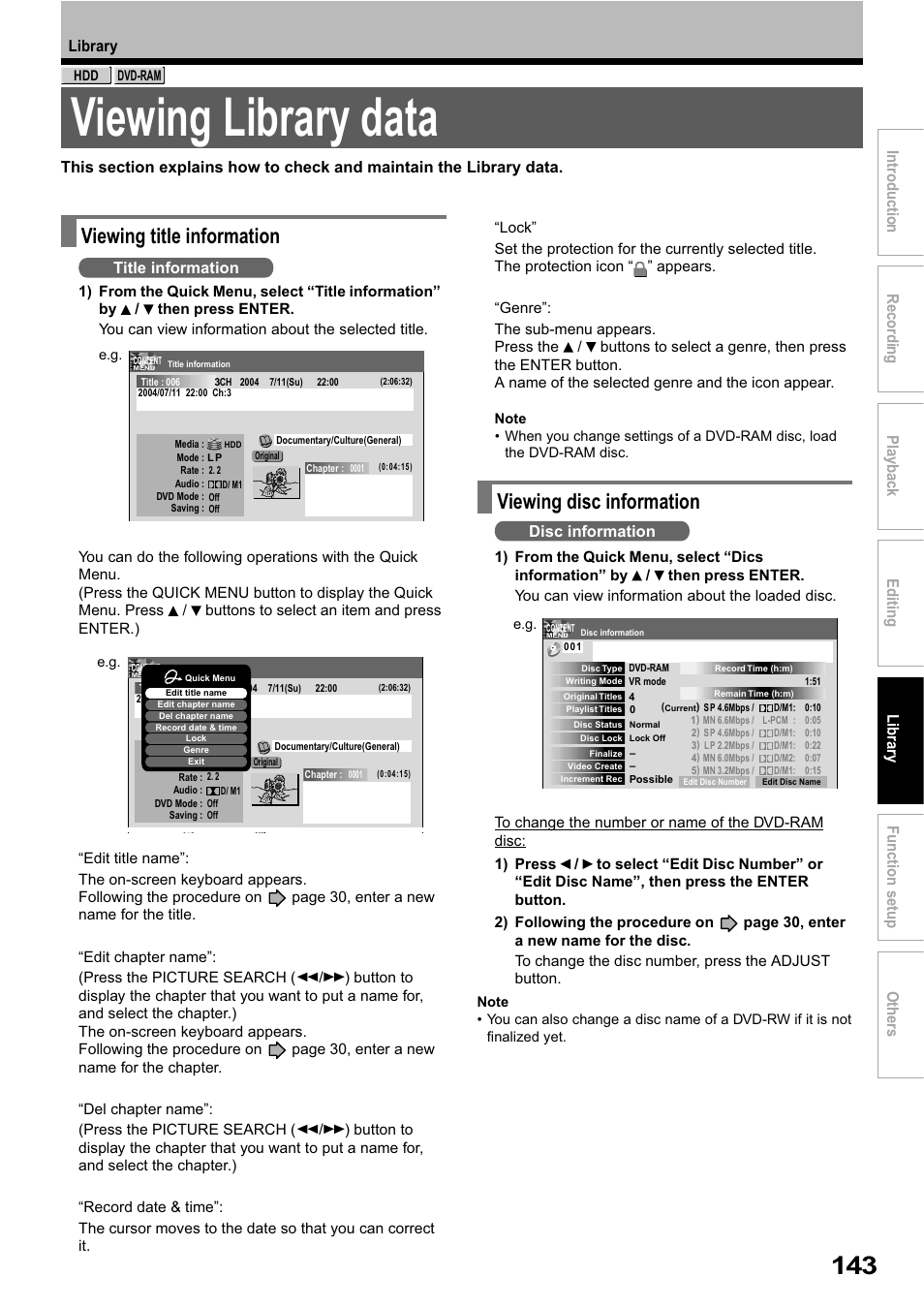 Viewing library data, Viewing title information, Viewing disc information | Library, Title information, Disc information | Toshiba RD-XS32SB User Manual | Page 207 / 239