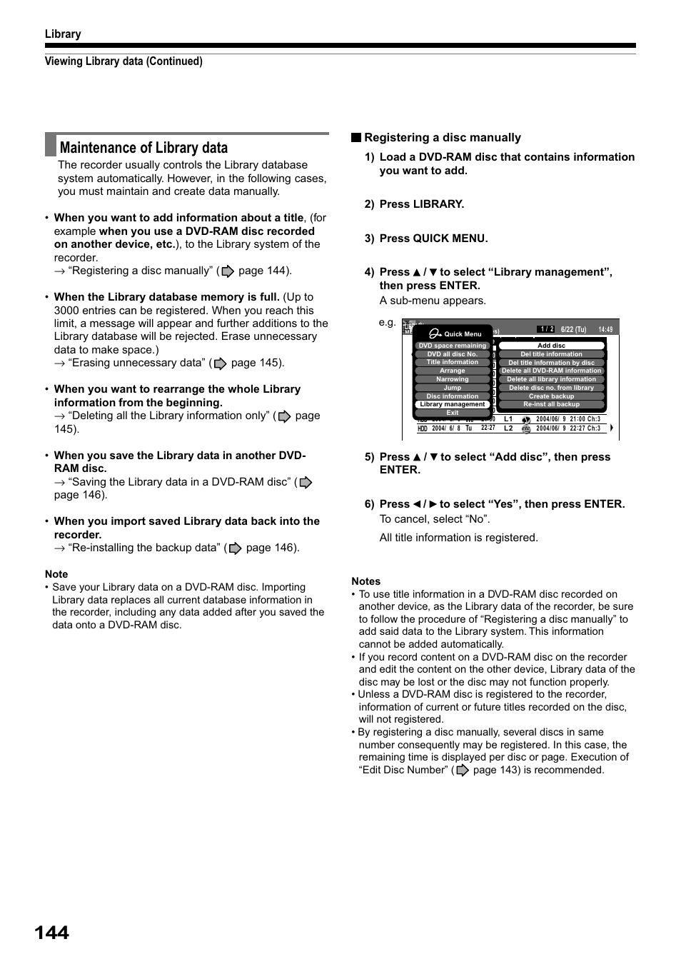 Maintenance of library data, Viewing library data (continued) library, Registering a disc manually | Toshiba RD-XS32SB User Manual | Page 208 / 239