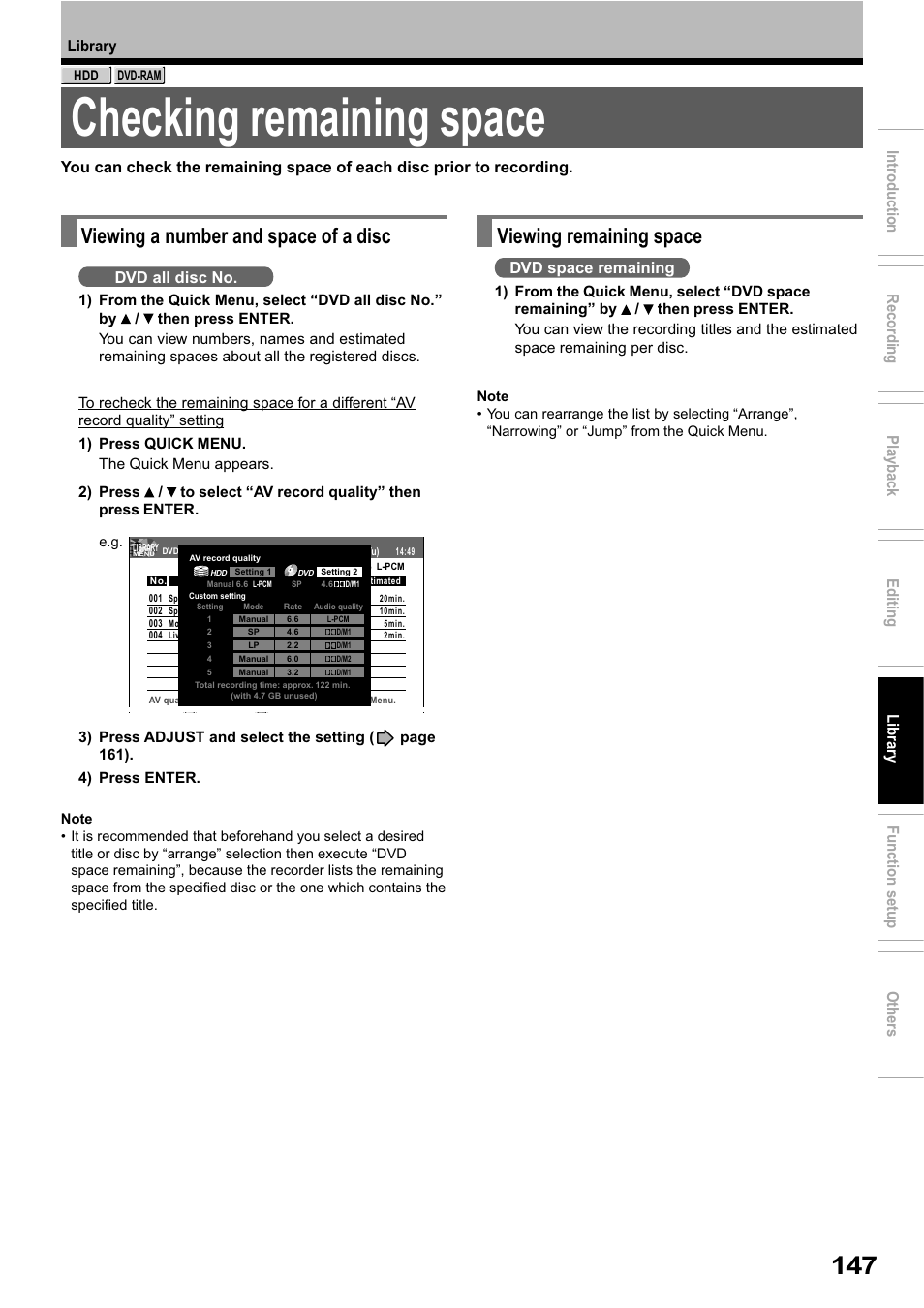 Checking remaining space, Viewing a number and space of a disc, Viewing remaining space | Dvd all disc no, Dvd space remaining | Toshiba RD-XS32SB User Manual | Page 211 / 239