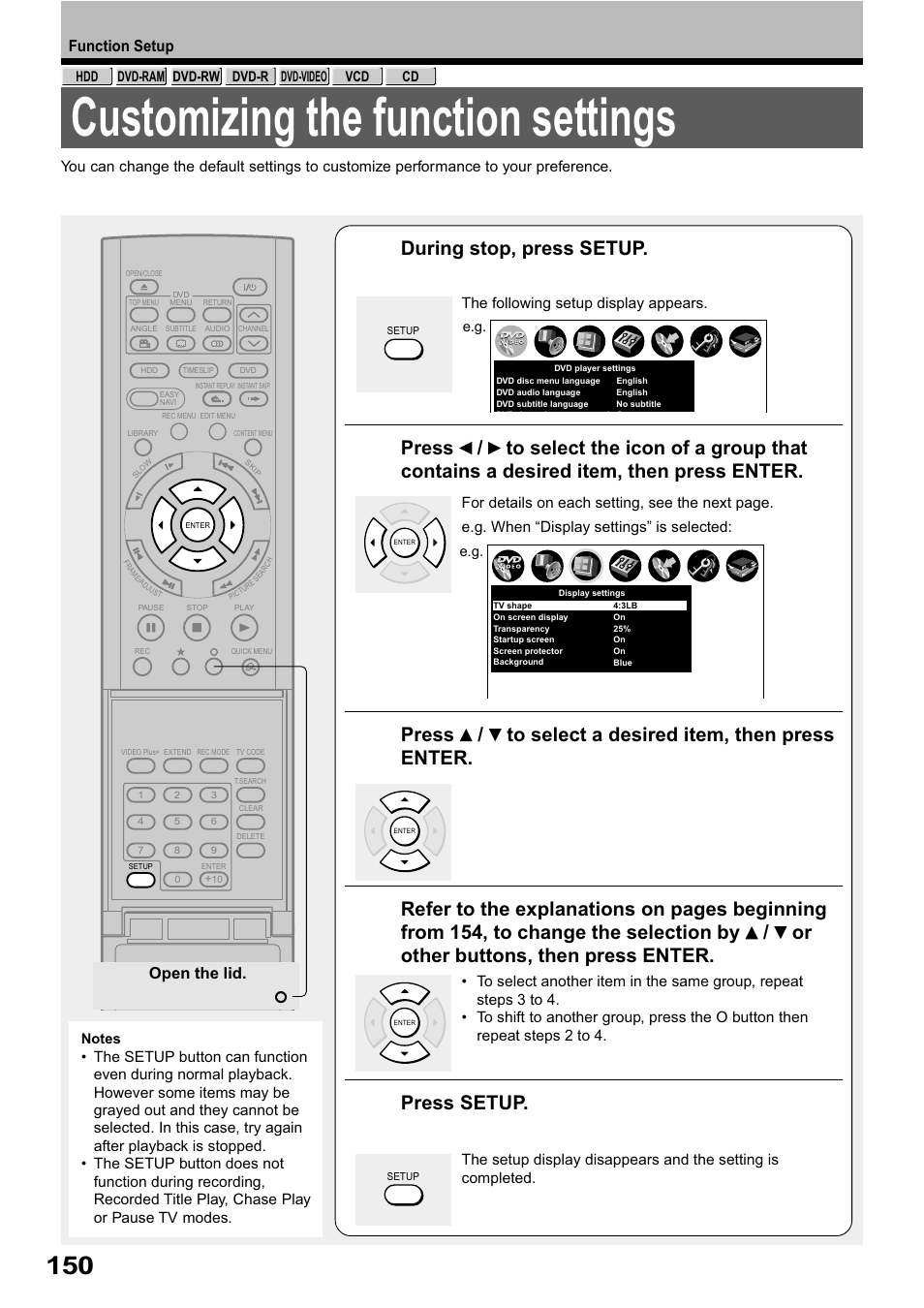 Customizing the function settings, During stop, press setup, Press / to select a desired item, then press enter | Press setup | Toshiba RD-XS32SB User Manual | Page 214 / 239