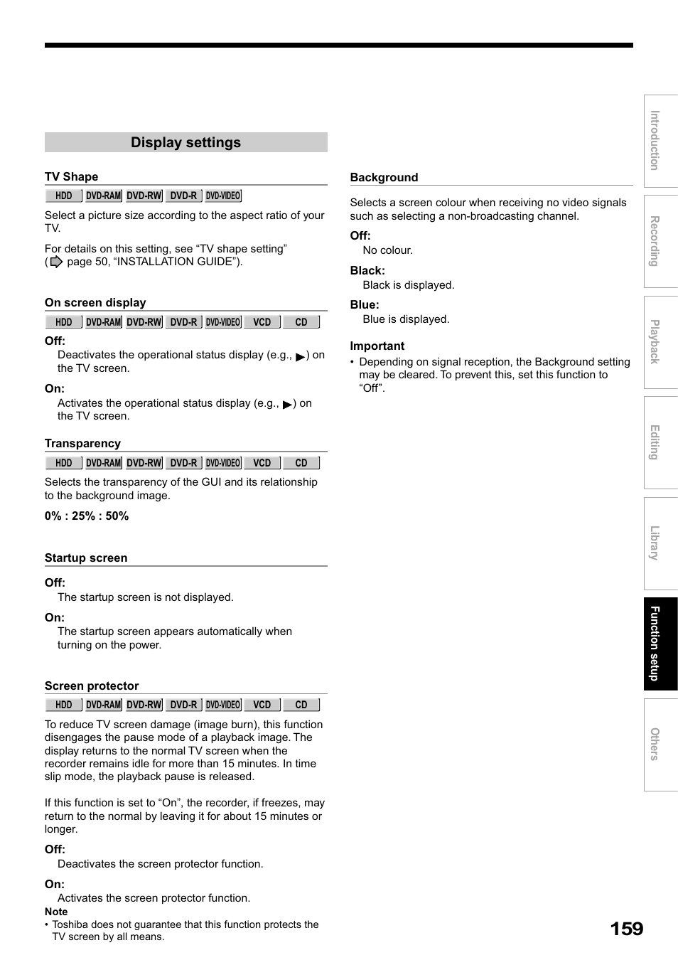 Display settings | Toshiba RD-XS32SB User Manual | Page 223 / 239