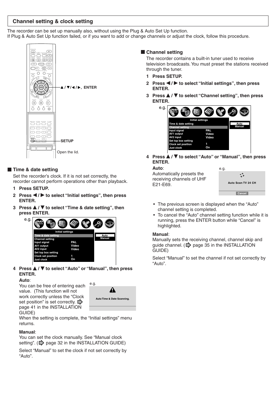 Channel setting & clock setting, Time & date setting, Channel setting | Setup open the lid. enter | Toshiba RD-XS32SB User Manual | Page 3 / 239