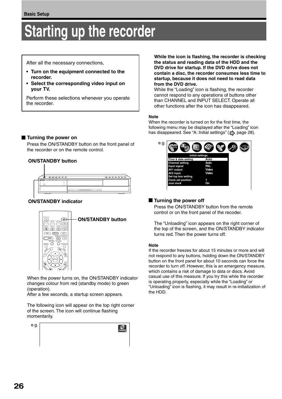 Starting up the recorder, Turning the power off, Basic setup | Toshiba RD-XS32SB User Manual | Page 34 / 239