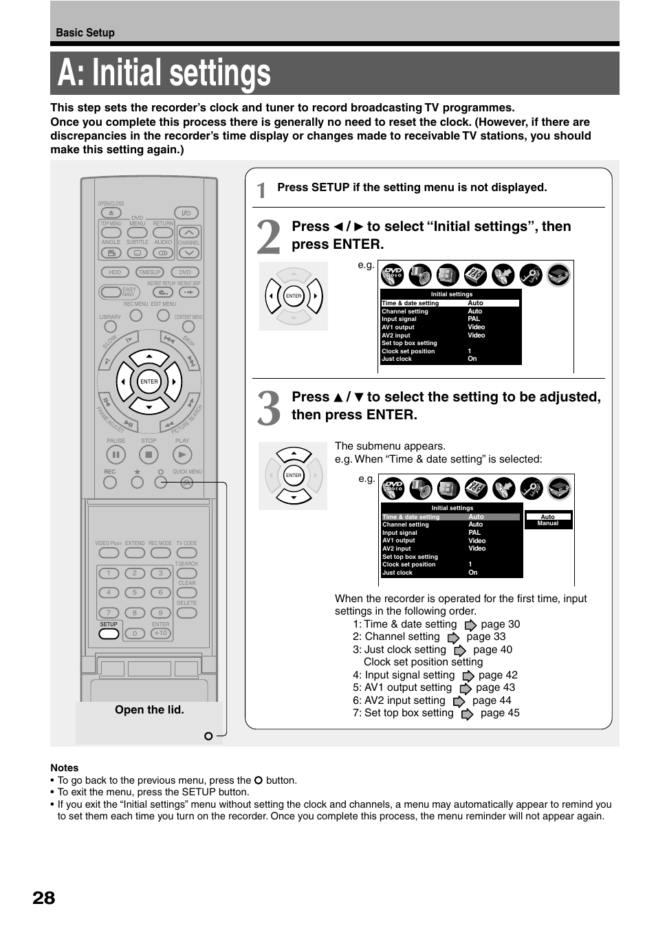 A: initial settings, Basic setup, Open the lid | Press setup if the setting menu is not displayed | Toshiba RD-XS32SB User Manual | Page 36 / 239