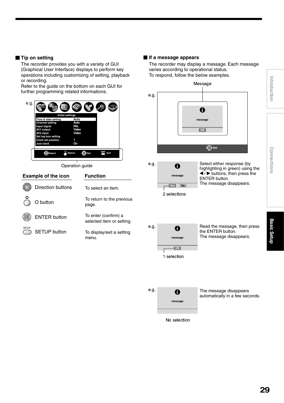 Connections basic setup intr oduction, Tip on setting, If a message appears | Function example of the icon | Toshiba RD-XS32SB User Manual | Page 37 / 239