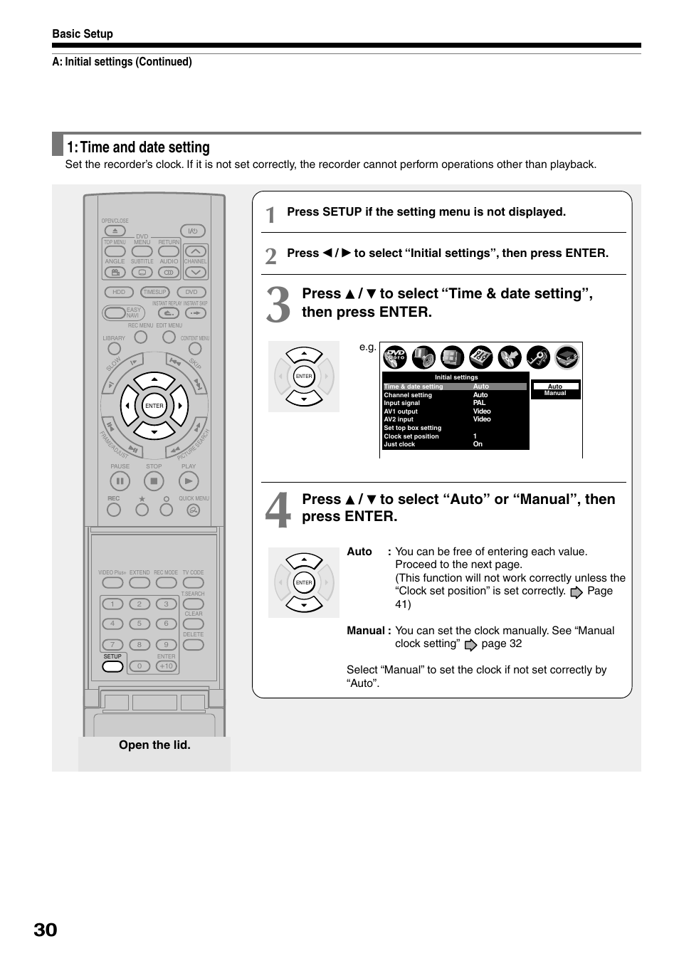 Time and date setting, A: initial settings (continued) basic setup, Press setup if the setting menu is not displayed | Open the lid | Toshiba RD-XS32SB User Manual | Page 38 / 239