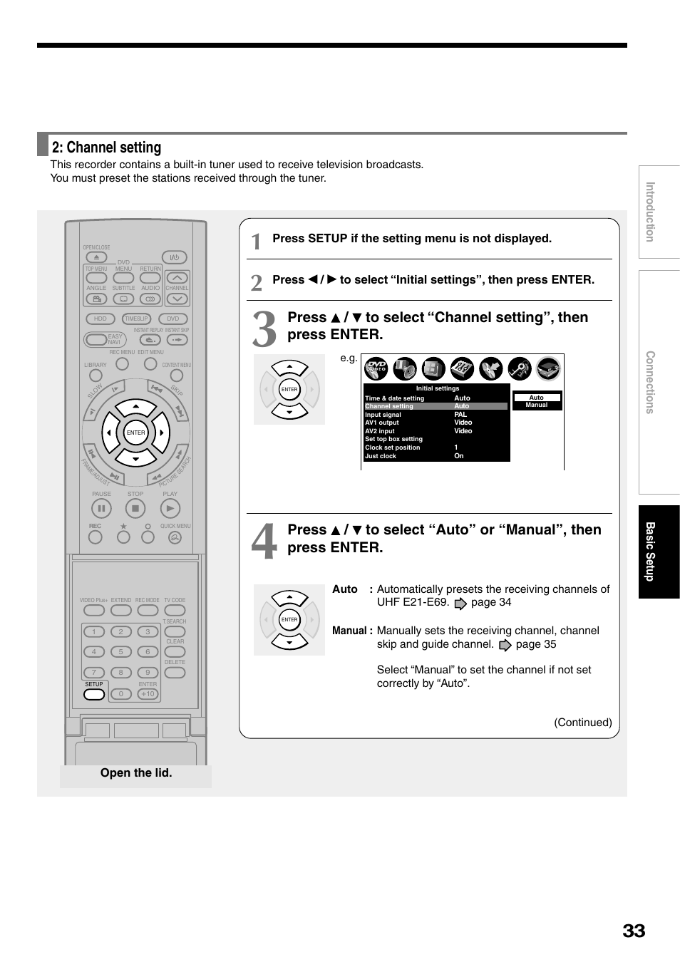 Channel setting, Connections basic setup intr oduction, Press setup if the setting menu is not displayed | Open the lid | Toshiba RD-XS32SB User Manual | Page 41 / 239