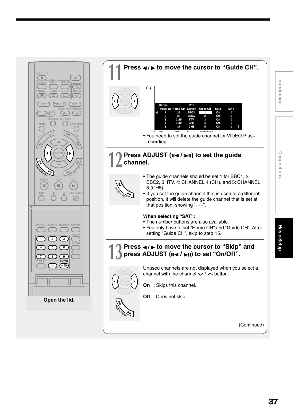 Press, Press adjust ( / ) to set the guide channel, Connections basic setup intr oduction | Open the lid | Toshiba RD-XS32SB User Manual | Page 45 / 239