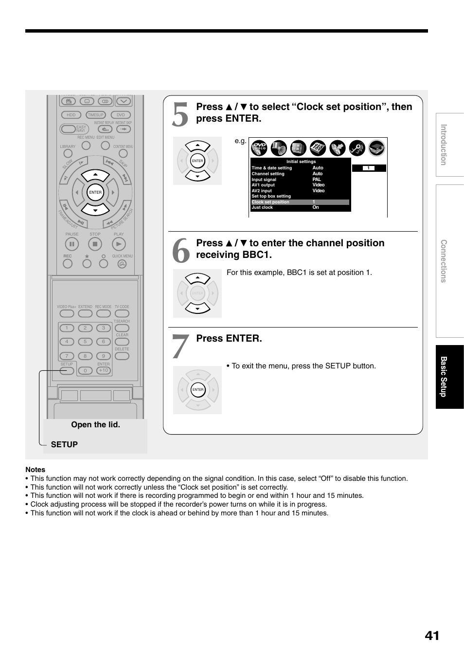 Press enter, Connections basic setup intr oduction, Open the lid. setup | Toshiba RD-XS32SB User Manual | Page 49 / 239