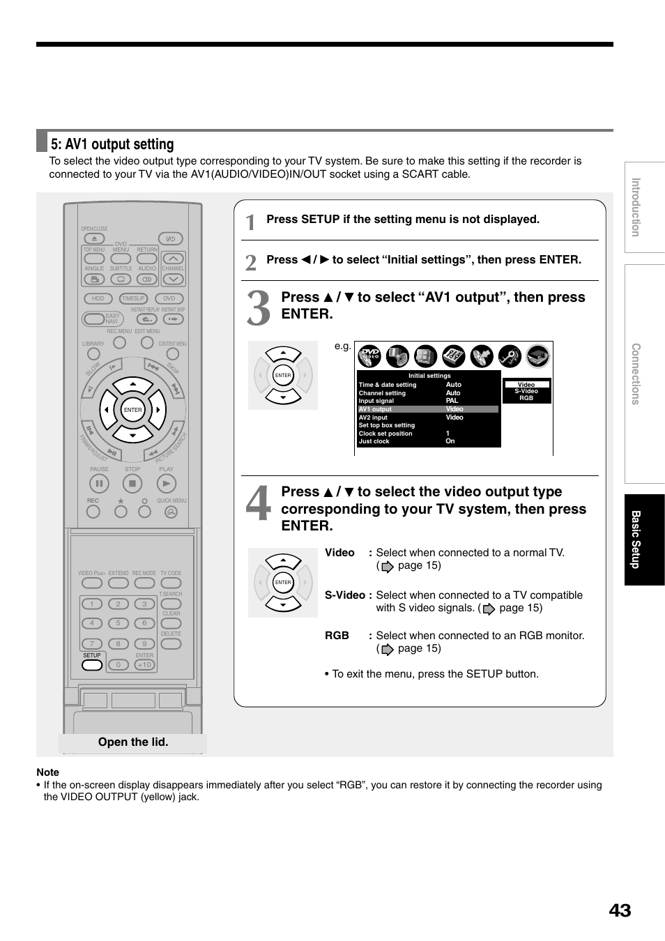 Av1 output setting, Press / to select “av1 output”, then press enter, Connections basic setup intr oduction | Press setup if the setting menu is not displayed, Open the lid | Toshiba RD-XS32SB User Manual | Page 51 / 239