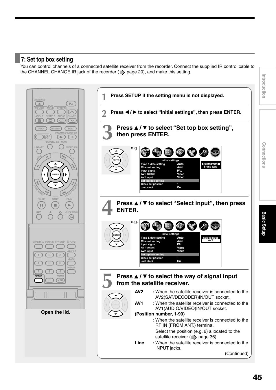 Set top box setting, Press / to select “select input”, then press enter, Connections basic setup intr oduction | Press setup if the setting menu is not displayed, Open the lid | Toshiba RD-XS32SB User Manual | Page 53 / 239