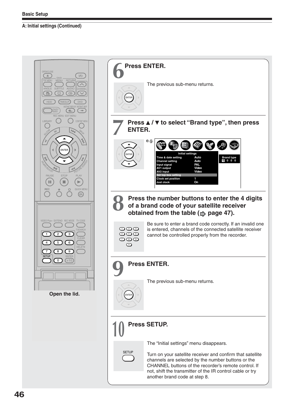 Press enter, Press / to select “brand type”, then press enter, Press setup | A: initial settings (continued) basic setup, Open the lid | Toshiba RD-XS32SB User Manual | Page 54 / 239