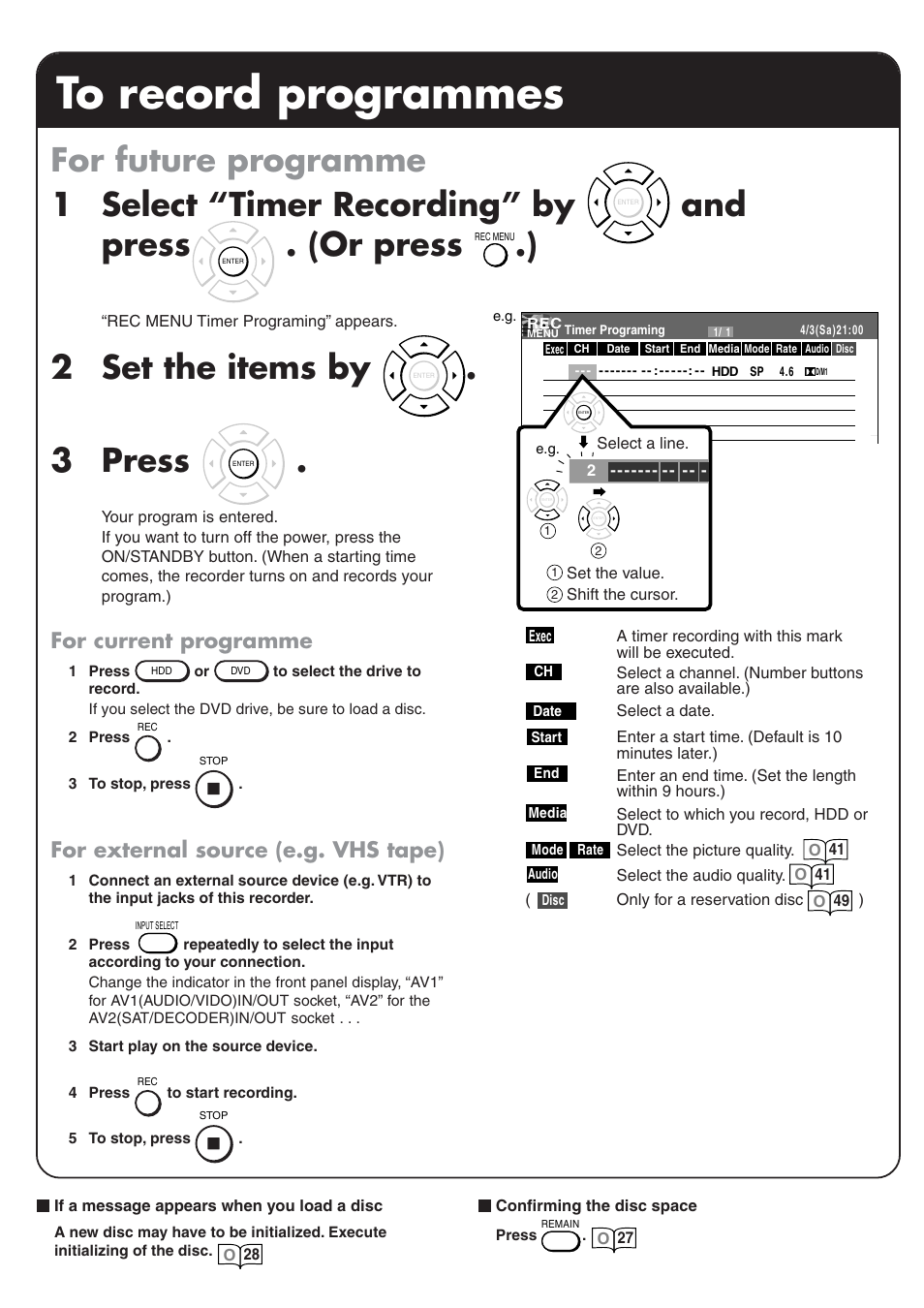 For future programme 1 select “timer recording” by, And press, Or press | 2 set the items by, 3 press, For current programme, For external source (e.g. vhs tape) | Toshiba RD-XS32SB User Manual | Page 6 / 239
