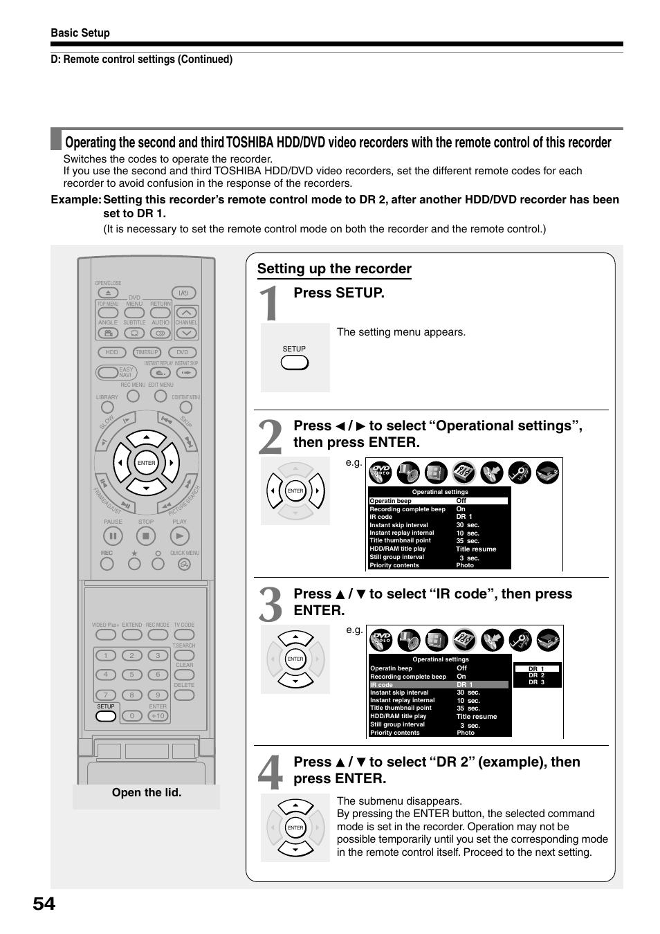 Setting up the recorder, Press setup, Press / to select “ir code”, then press enter | Open the lid, D: remote control settings (continued) basic setup | Toshiba RD-XS32SB User Manual | Page 62 / 239